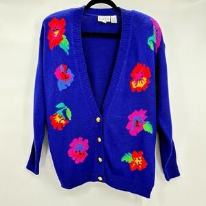 Russ Vintage 80s Blue Womens Sweater Cardigan Artsy Bold Floral Medium NEW